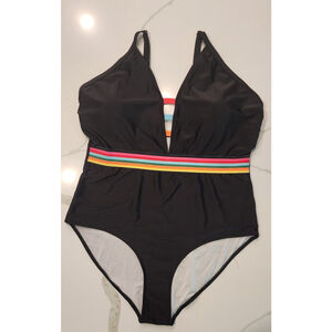 Shein Swim Summer Black Plus Size Rainbow Panel One Piece Swimsuit Women's 2XL